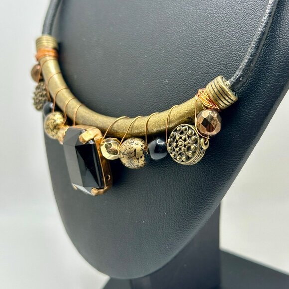 Chico's Necklace Jewlery Statement 22" Vintage Brass Tone Black Stone Corded - Picture 2 of 11